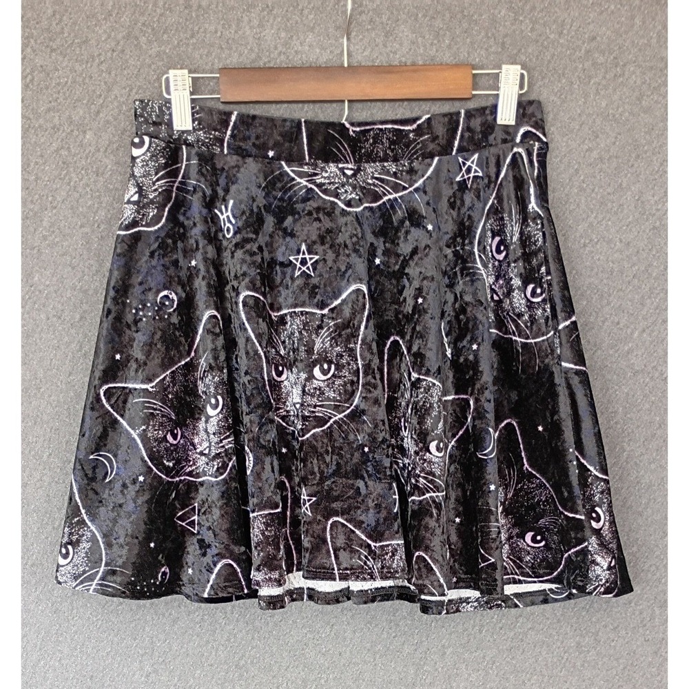 Midnight Hour Black Cat Celestial Crushed Velvet Skater Skirt Gothic Witchy M